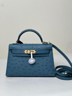 Hermès Kelly. Ostrich. Sellier Handbag in Terre cuitte with palladium hardware 10